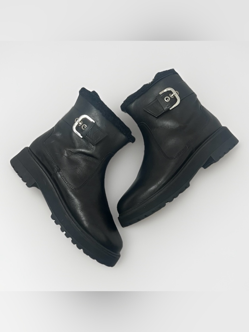 Zara Trafaluc Women’s 39 / US 8 Black Leather Fur Lined Moto Biker Ankle Boots